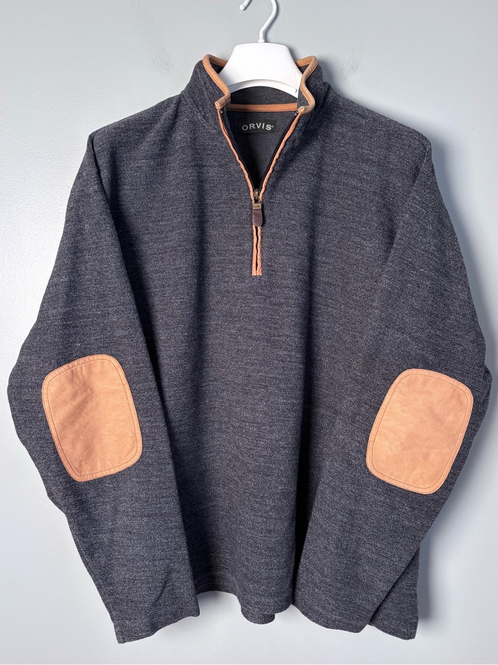 Orvis Mens XXL Charcoal Heather 1/4 Zip Pullover Leather Elbow Patches Sweater